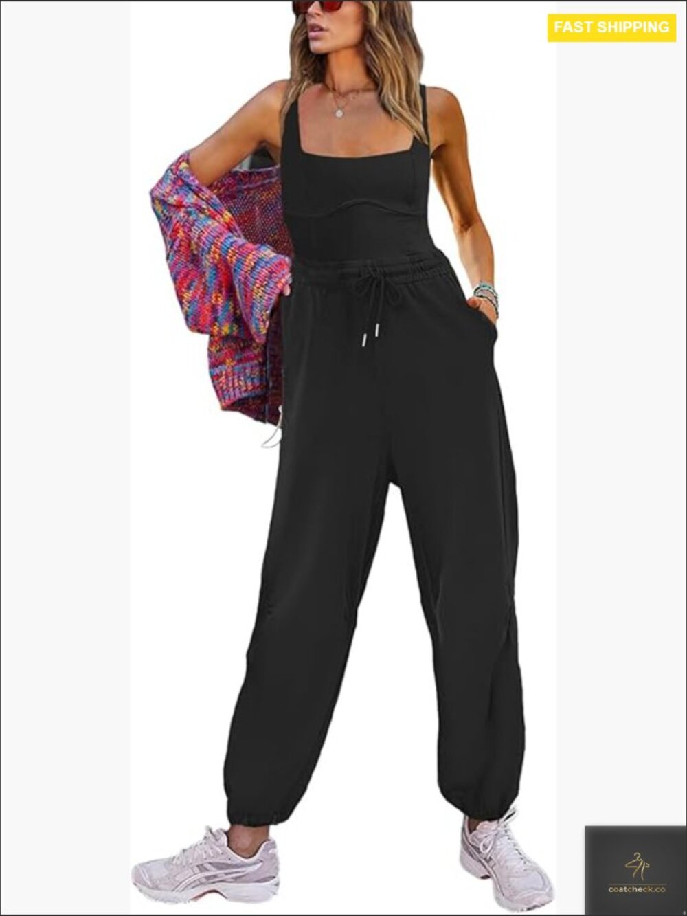 Sleeveless Jumpsuit Square Neck Drawstring Waist Casual Bodycon With Pockets